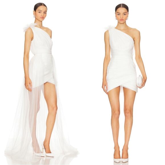 SAU LEE Sidney One Shoulder Ruched Tulle Mini Dress with Detachable Train Sz 2 - Picture 4 of 11